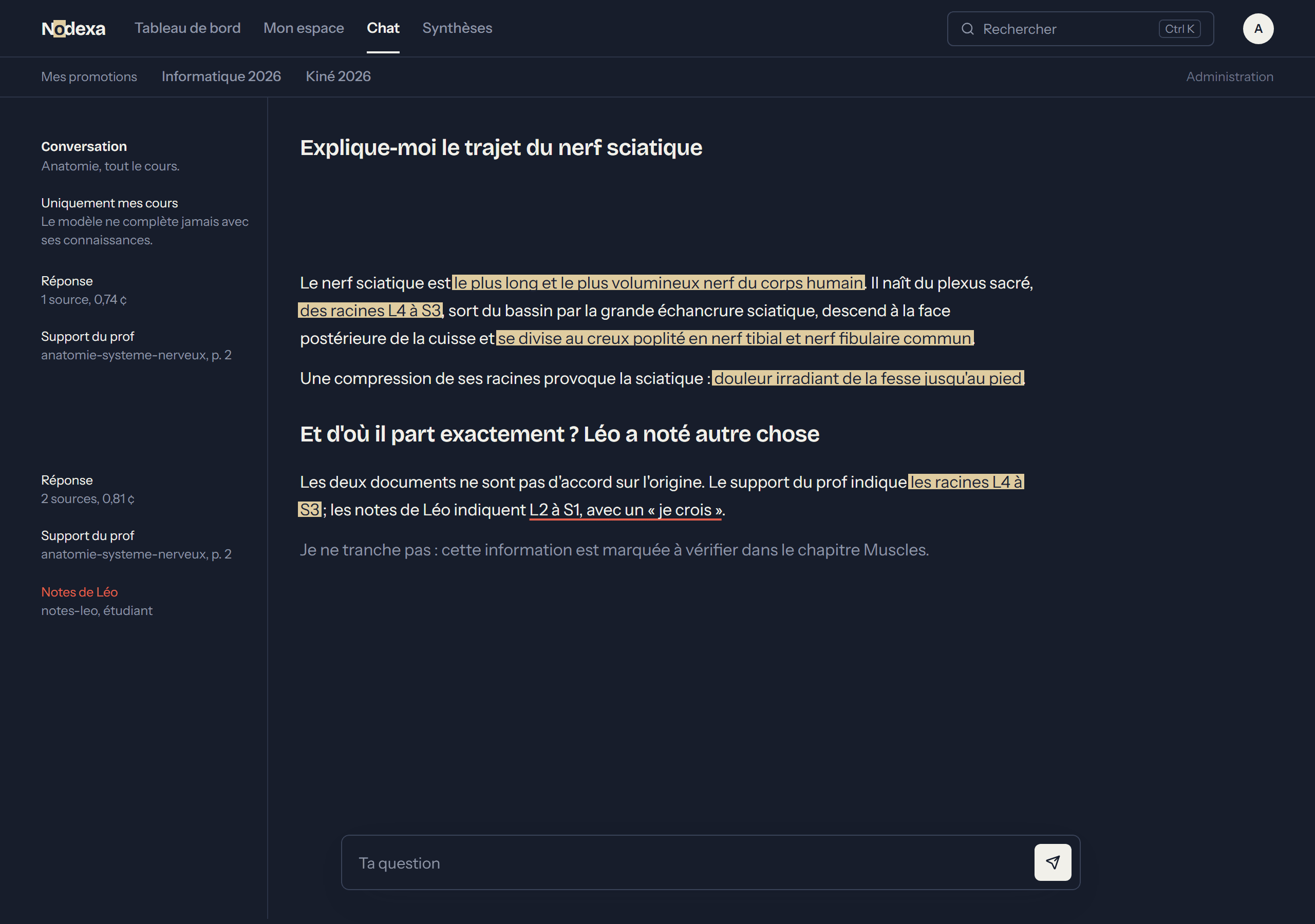 Une conversation Nodexa, les réponses citent les passages des notes