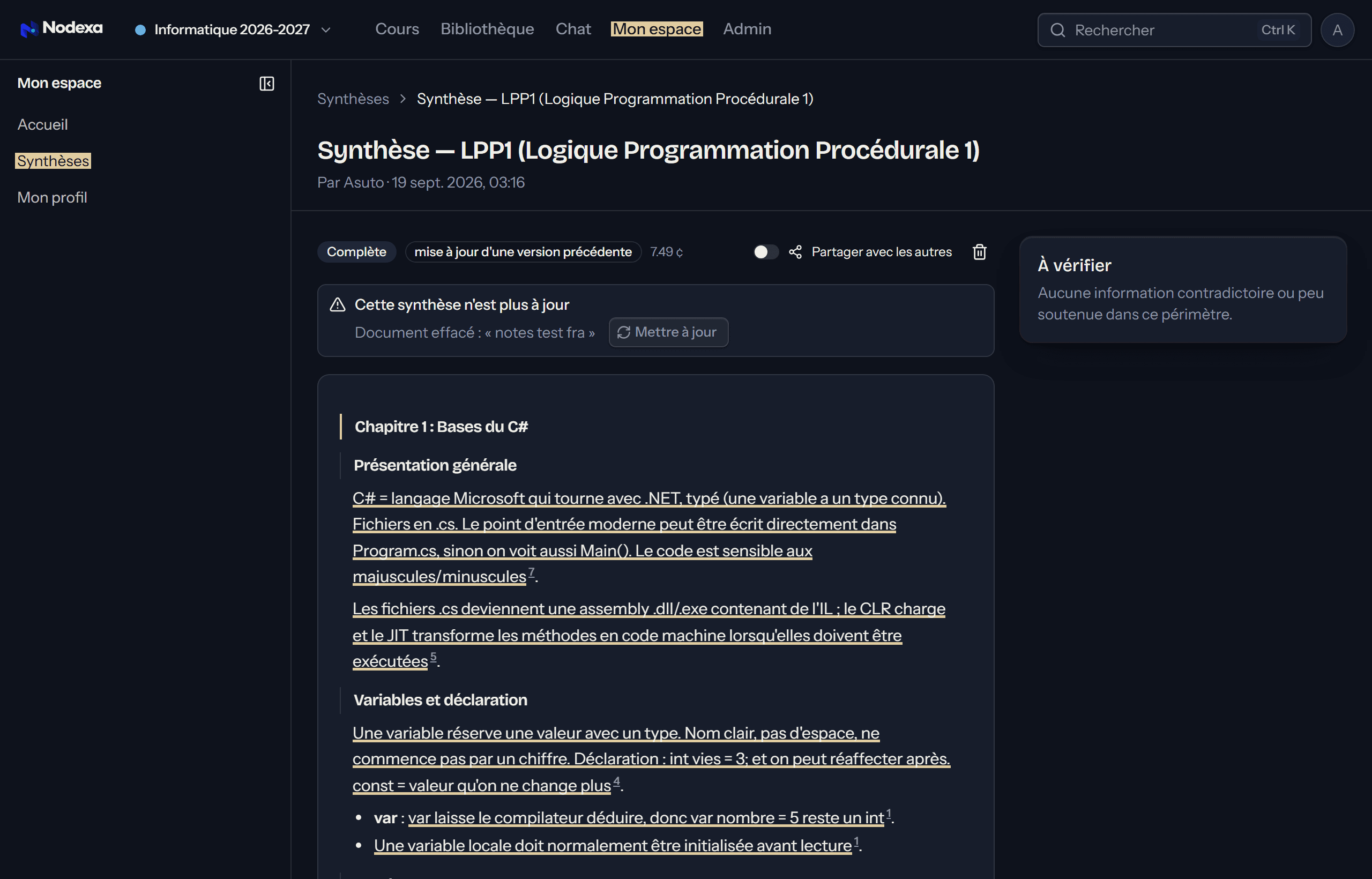 Une synthèse Nodexa, chaque phrase soulignée avec le numéro de sa source